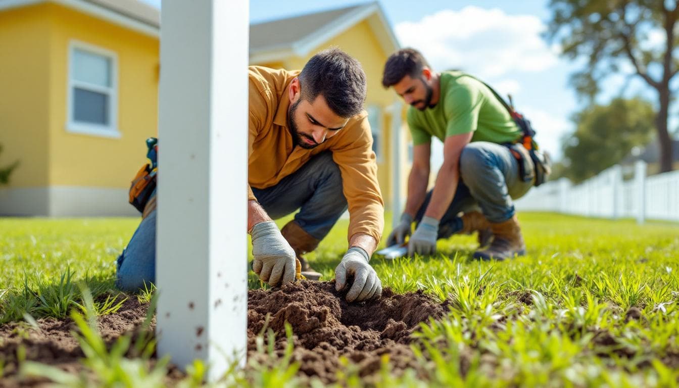 Fence installation crew setting vinyl fence posts in Central Florida